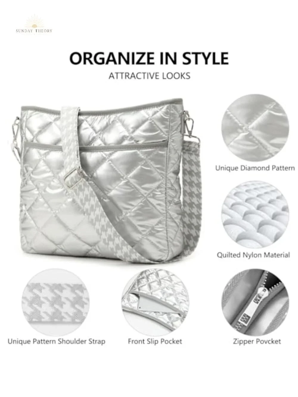 Quilted Crossbody Bag Women Puffer Purse Adjustable Strap Nylon